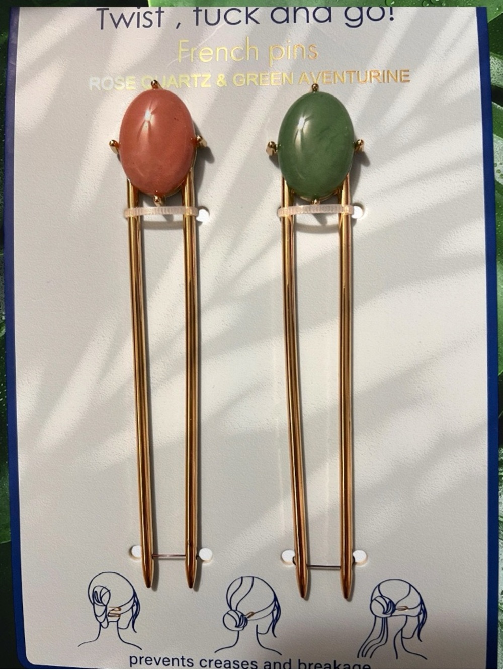 New. Rose Quartz & Green Aventurine French Pins - Gold Tone